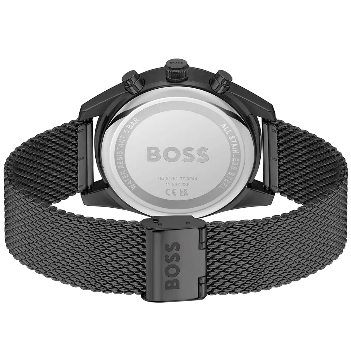 Hugo Boss Skytraveller caseback showing stainless steel case back with BOSS branding