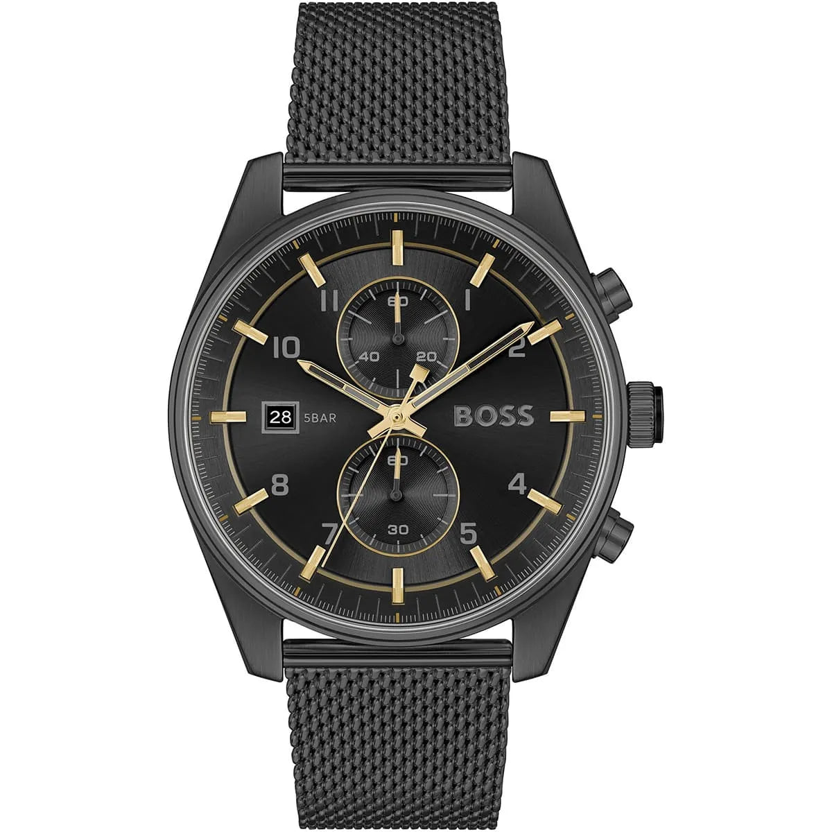 Hugo Boss Skytraveller chronograph watch with black dial, gold indices, and mesh metal strap