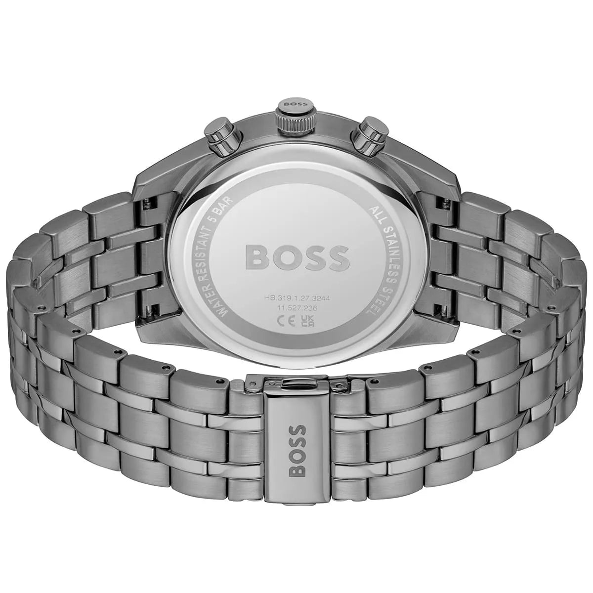 Hugo Boss Skytraveller watch case back with stainless steel bracelet