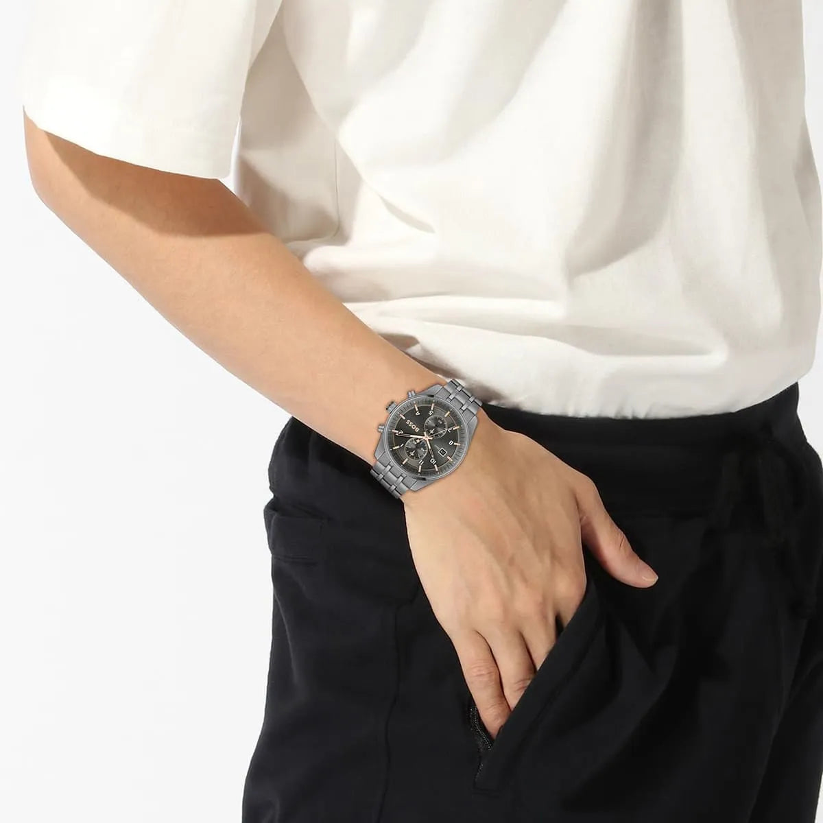 Hugo Boss Skytraveller watch on wrist worn with casual attire