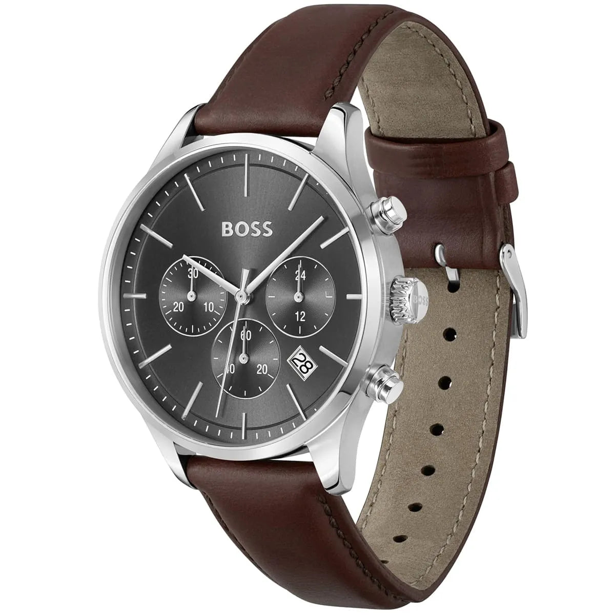 Hugo Boss Skymaster watch at angle showing gray dial and brown leather strap with stitching