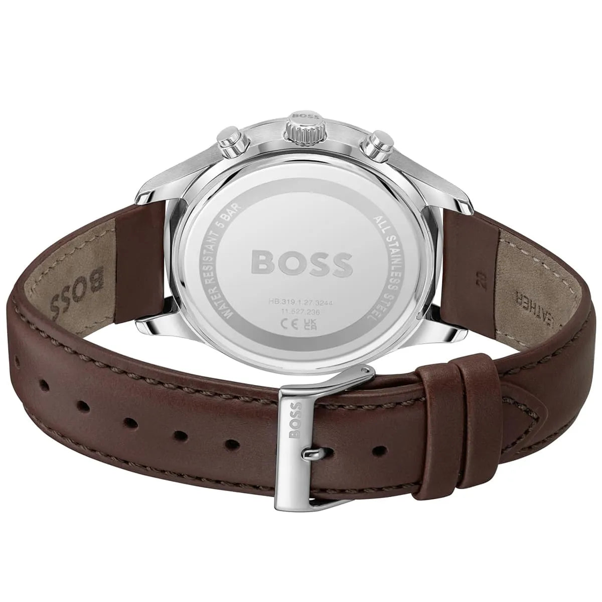 Hugo Boss Skymaster caseback showing transparent cover with brown leather strap and buckle
