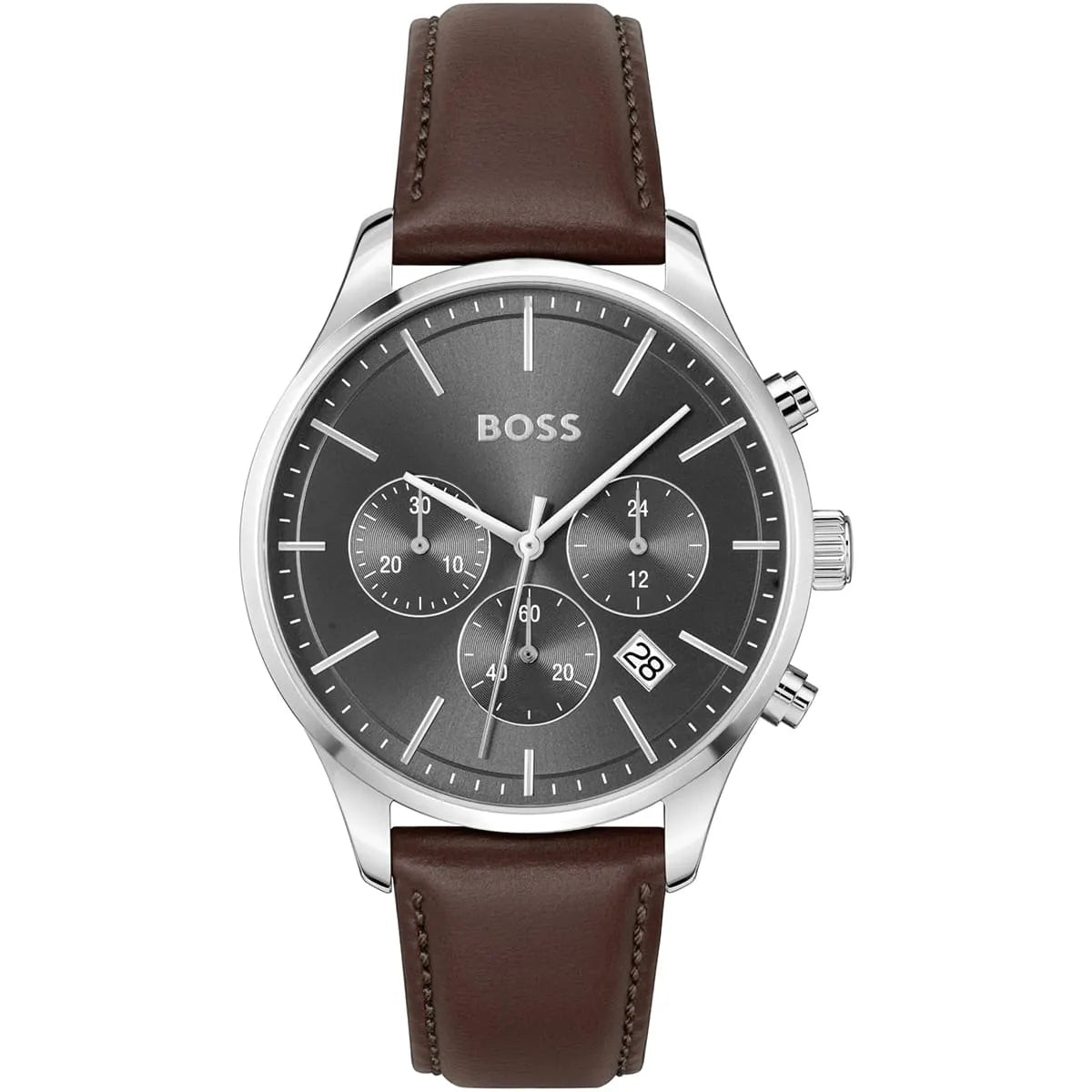 Hugo Boss Skymaster chronograph watch with gray dial, three subdials, and brown leather strap