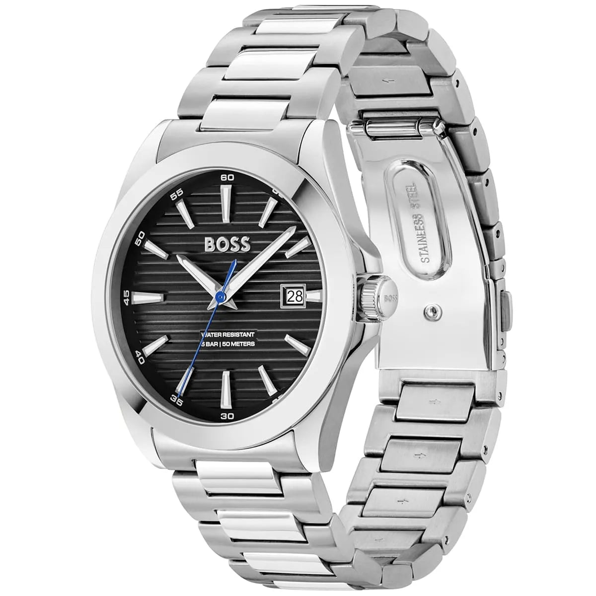 Hugo Boss Skymaster watch angled view showing black dial and stainless steel metal bracelet