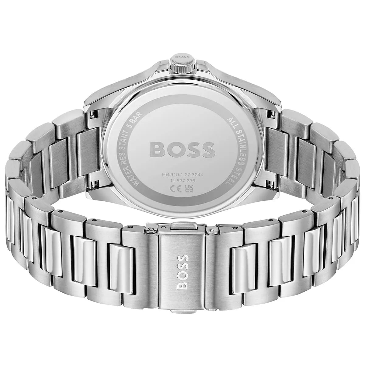 Hugo Boss Skymaster watch caseback showing stainless steel case and metal bracelet