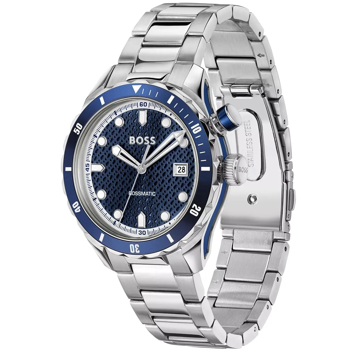 Hugo Boss Skymaster watch displayed at an angle showing blue bezel and stainless steel strap