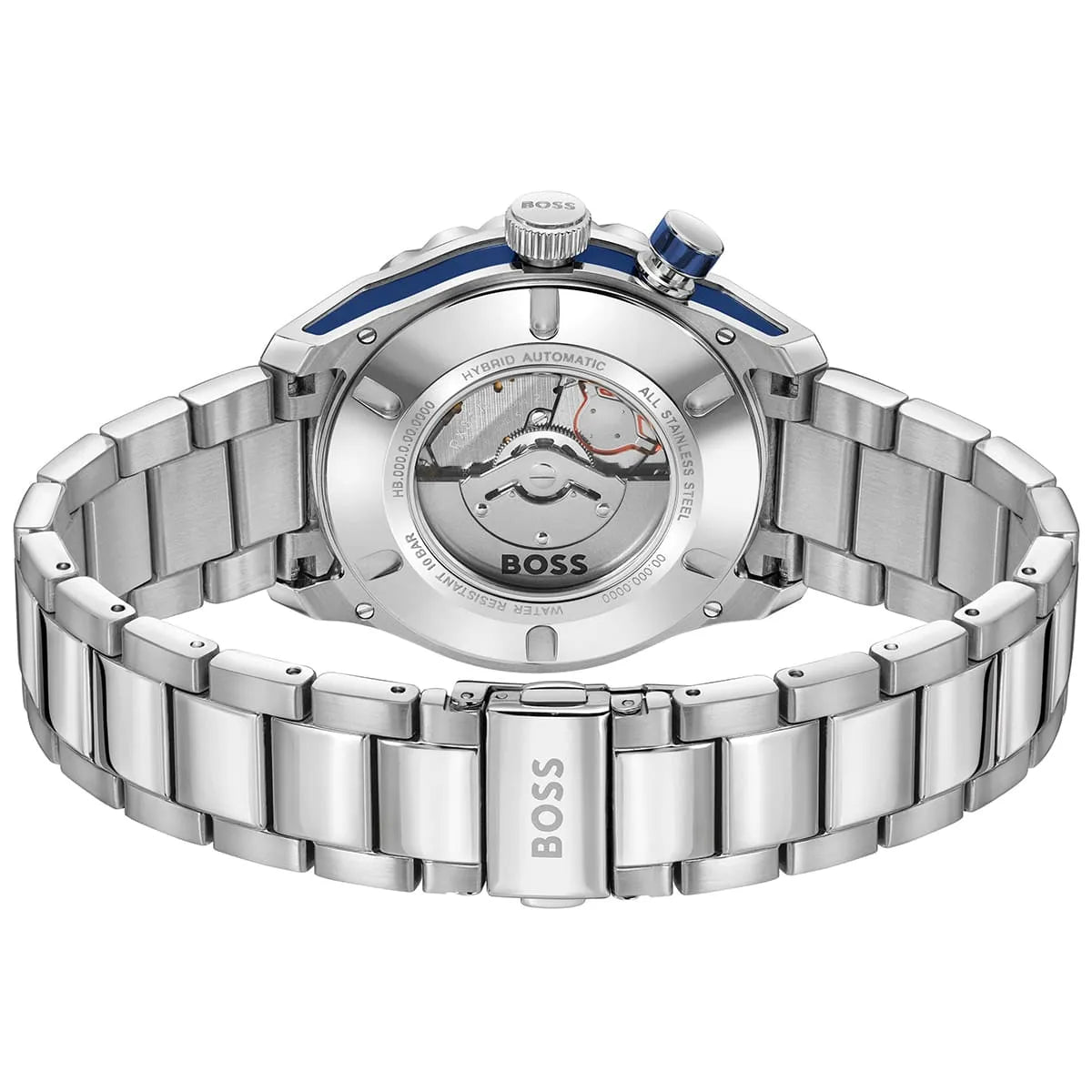 Hugo Boss Skymaster caseback showing automatic movement and stainless steel strap