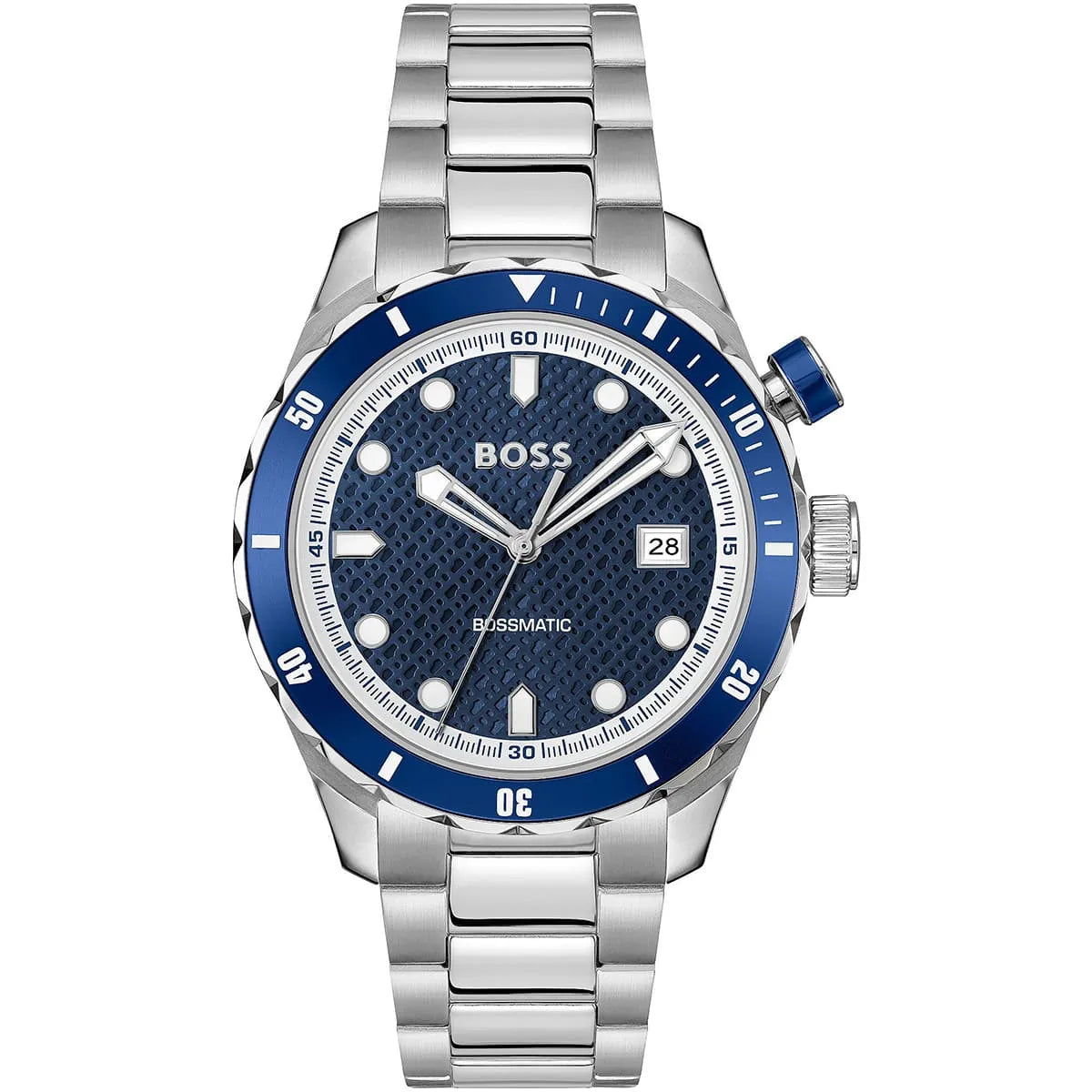 Hugo Boss Skymaster men's automatic watch with blue dial, stainless steel case and bracelet