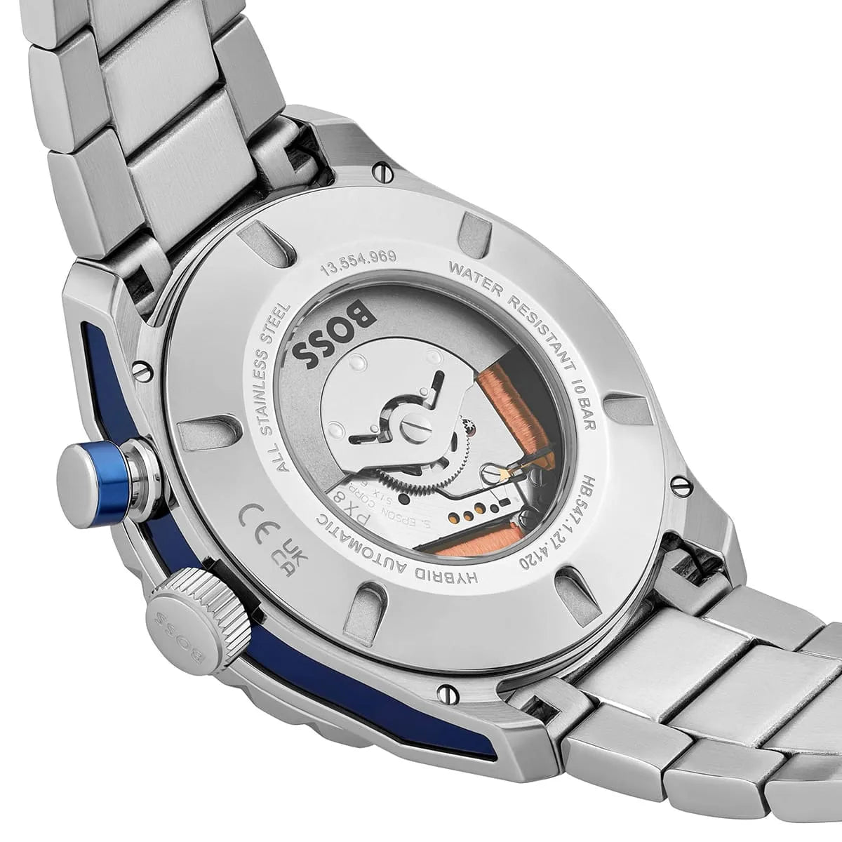 Hugo Boss Skymaster side profile showing case thickness, chronograph pushers, and blue accents