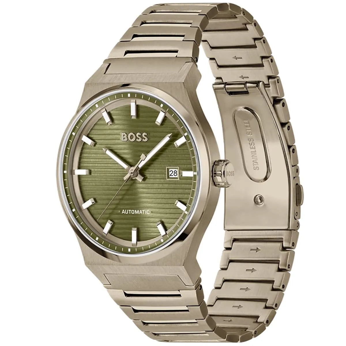 Hugo Boss Skymaster watch shown from angle with full stainless steel bracelet and green dial visible