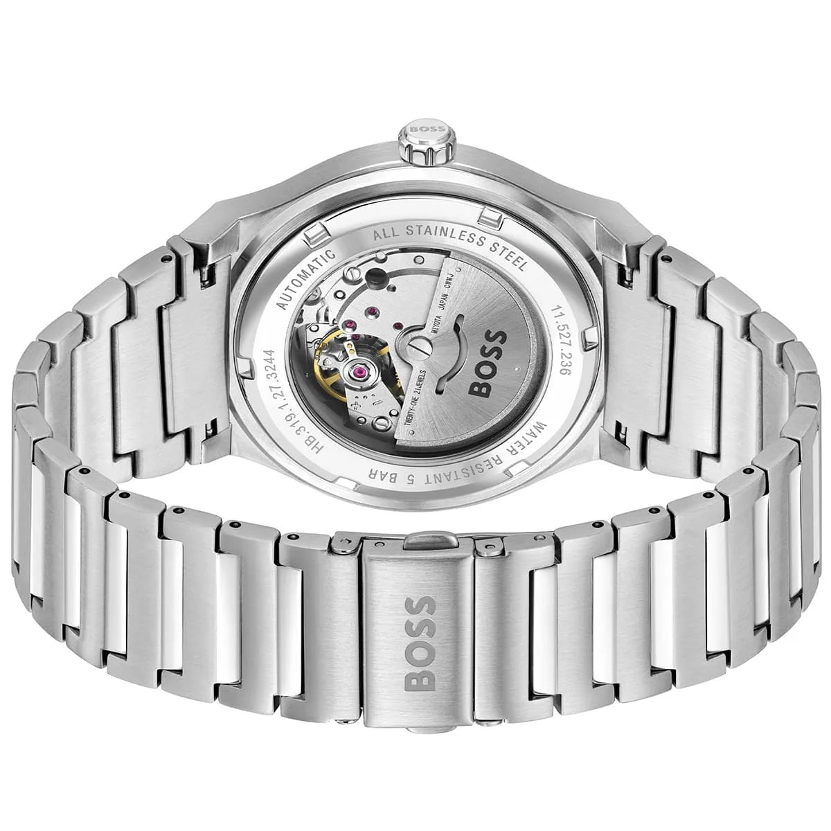 Hugo Boss 1514186 caseback displaying automatic movement and stainless steel case