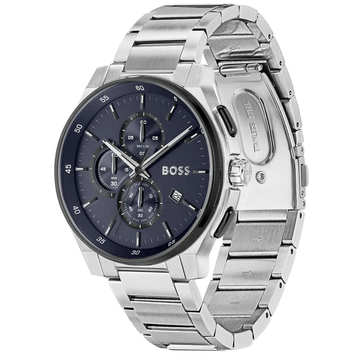 HUGO BOSS chronograph watch at angle showing blue dial, silver case and metal bracelet with pushers