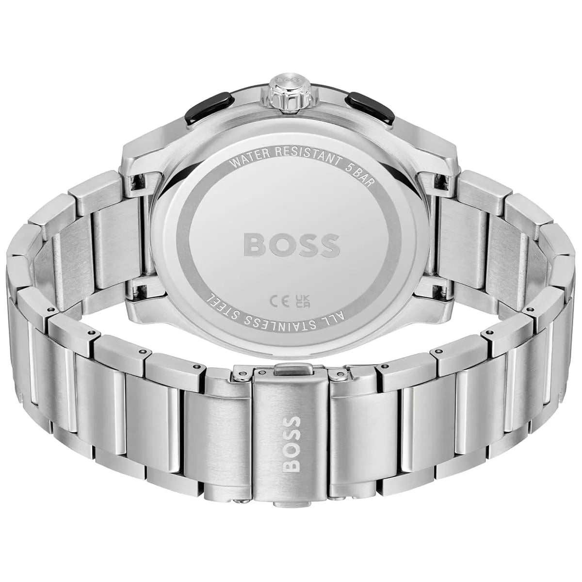 HUGO BOSS watch caseback showing stainless steel with BOSS branding and specifications