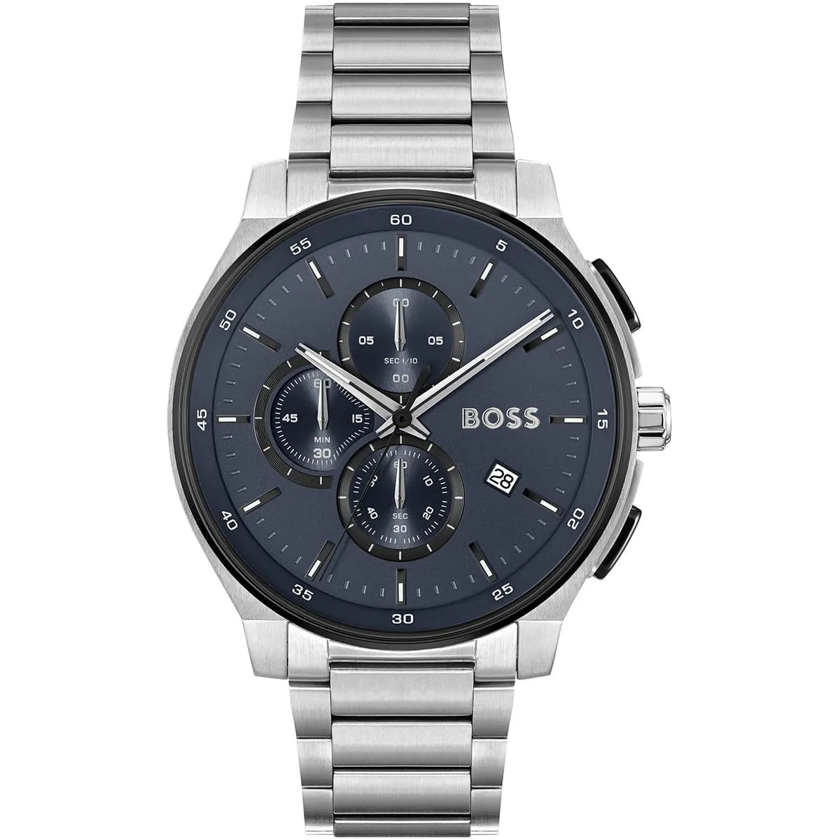 HUGO BOSS men's quartz chronograph watch with blue round dial and silver stainless steel bracelet