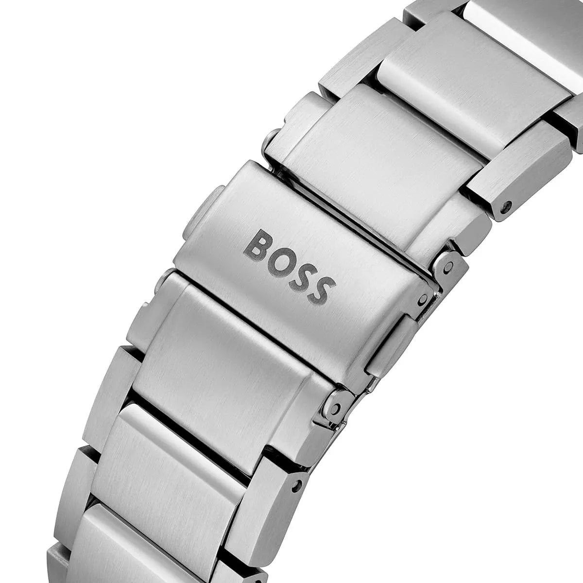 HUGO BOSS metal bracelet close-up showing engraved BOSS logo and polished links
