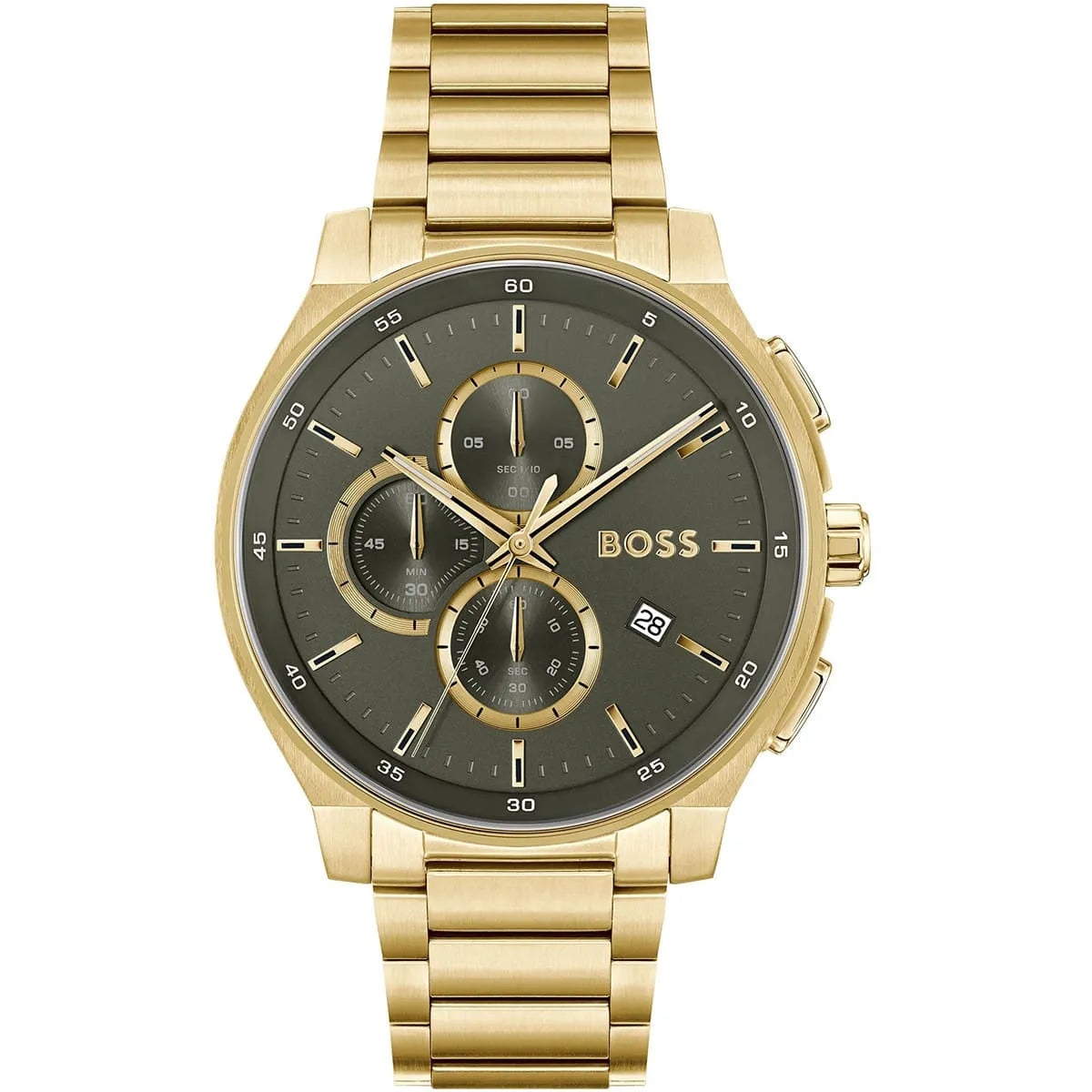 BOSS chronograph watch with olive green dial and gold steel bracelet, front view