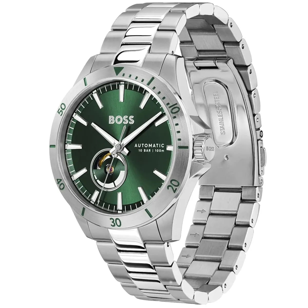 Hugo Boss Troper watch shown from angle view displaying green dial and metal bracelet