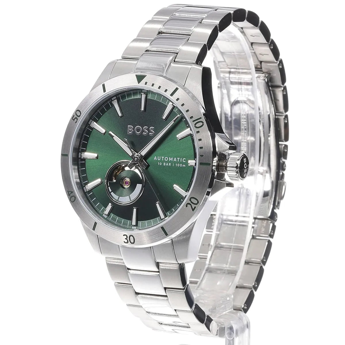 Hugo Boss Troper watch side angle view with green dial and stainless steel metal strap