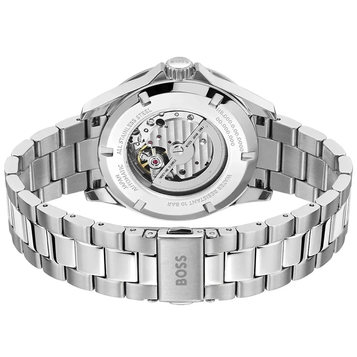 Hugo Boss Troper watch caseback showing automatic movement and stainless steel bracelet