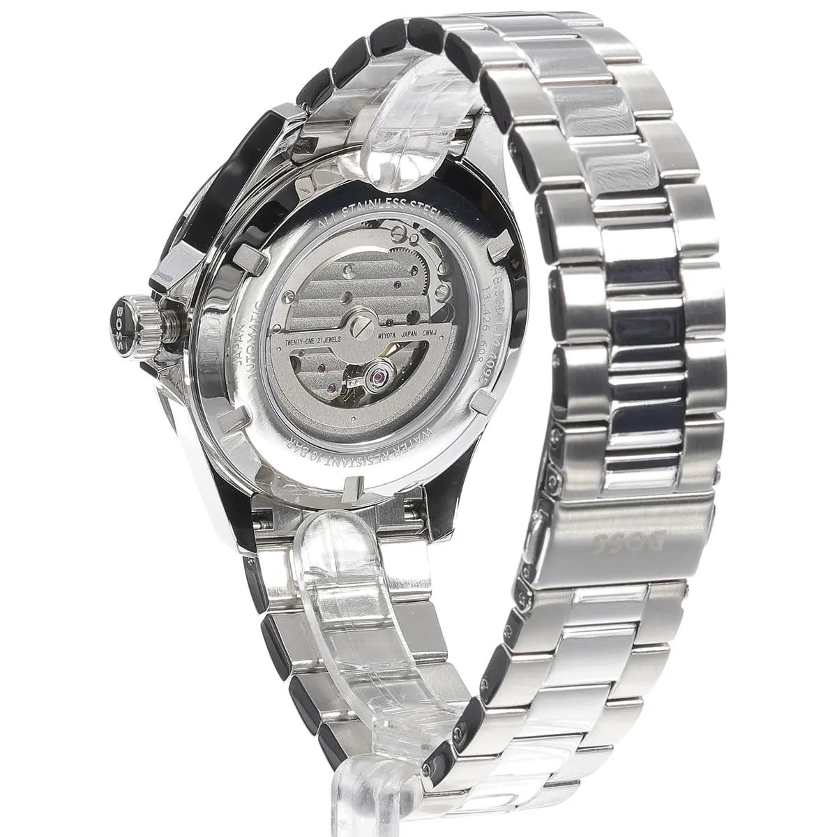 Hugo Boss Troper automatic movement visible through case back with stainless steel bracelet