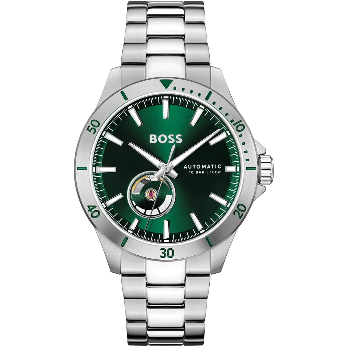 Hugo Boss Troper automatic chronograph watch with green dial and stainless steel bracelet