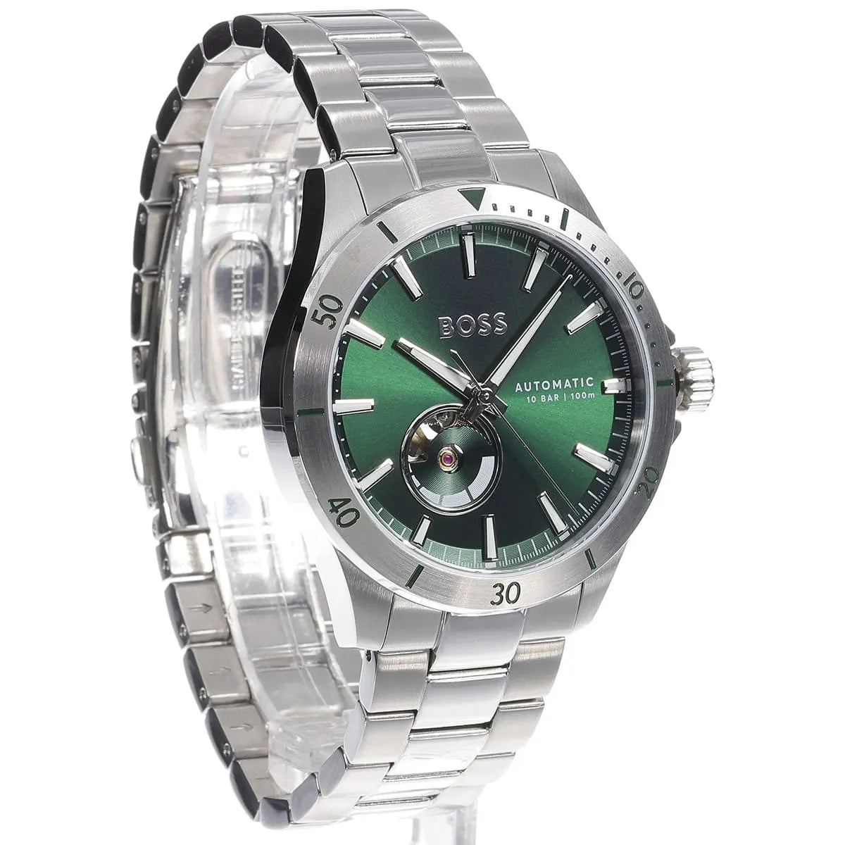 Hugo Boss Troper watch side profile showing case thickness and stainless steel bracelet