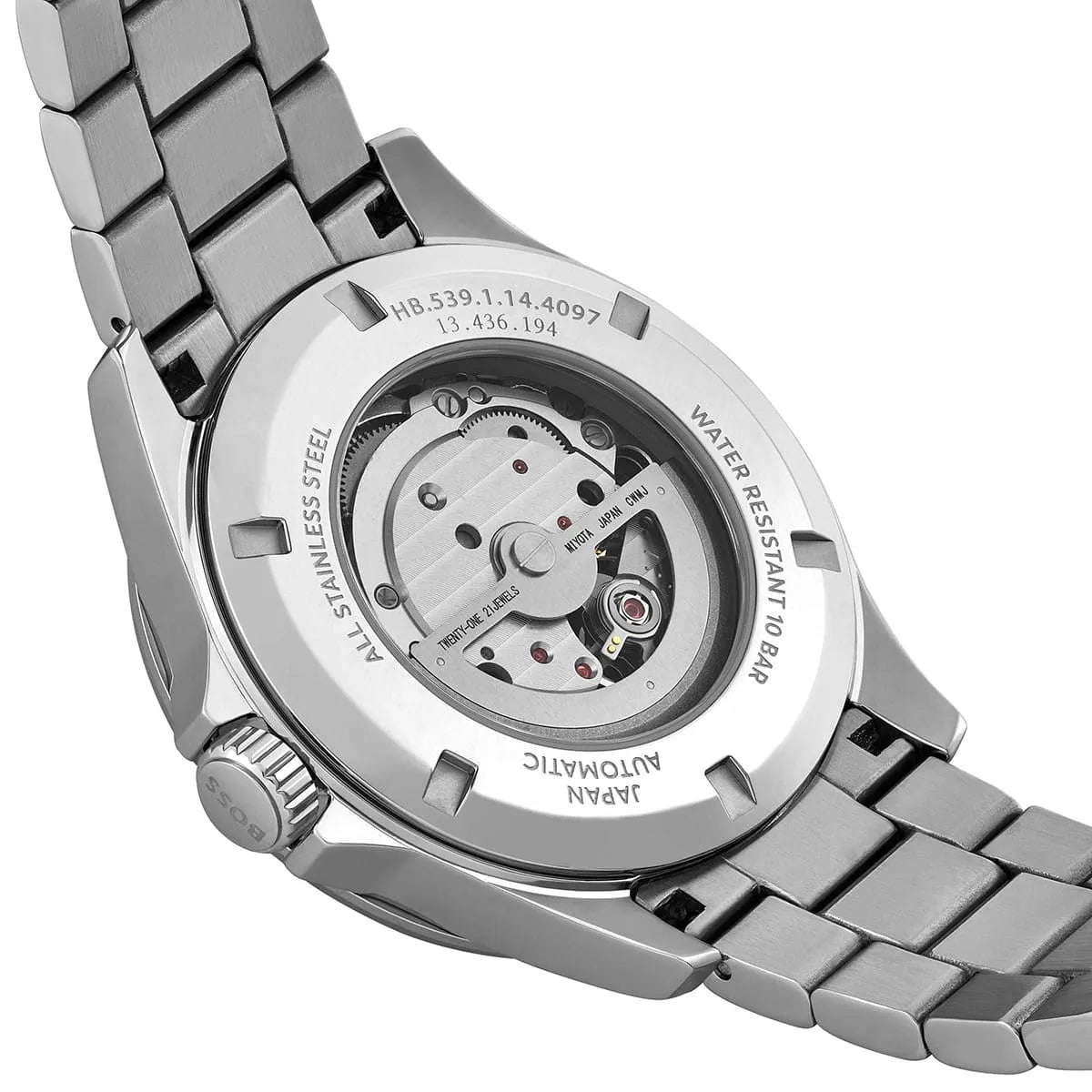 Hugo Boss Troper automatic movement and caliber details visible through caseback