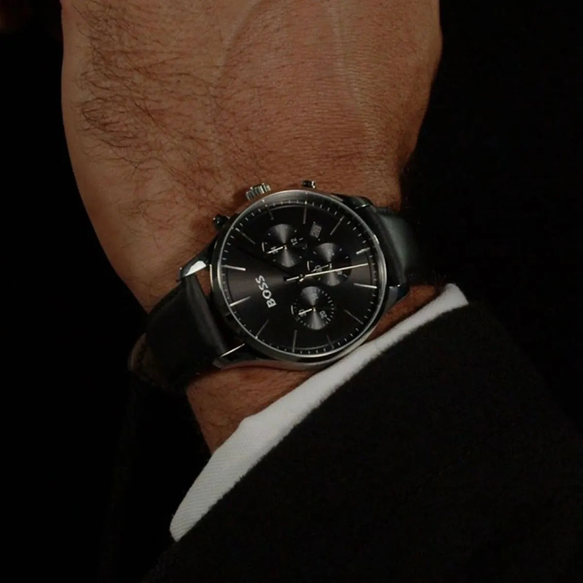 Hugo Boss Avery chronograph watch worn on wrist showing black dial and case