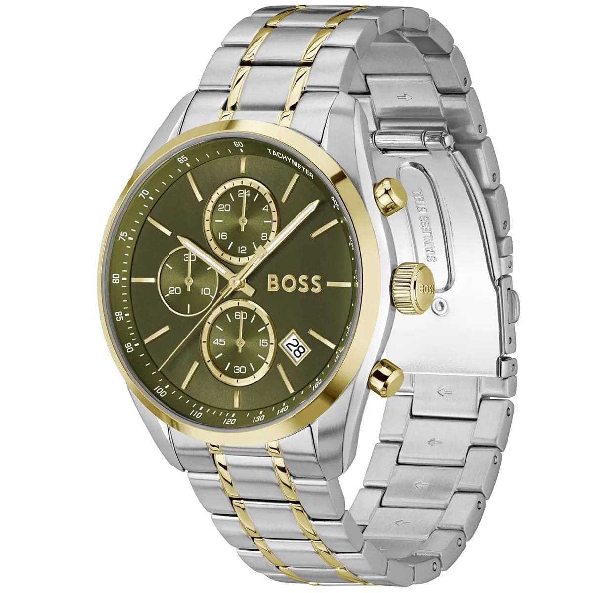 Hugo BOSS Grand Prix watch shown at 45-degree angle with two-tone bracelet and green chronograph dial