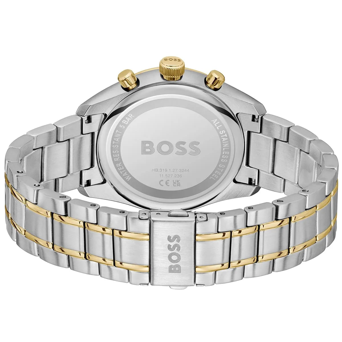 Hugo BOSS Grand Prix watch caseback showing stainless steel two-tone bracelet and clasp