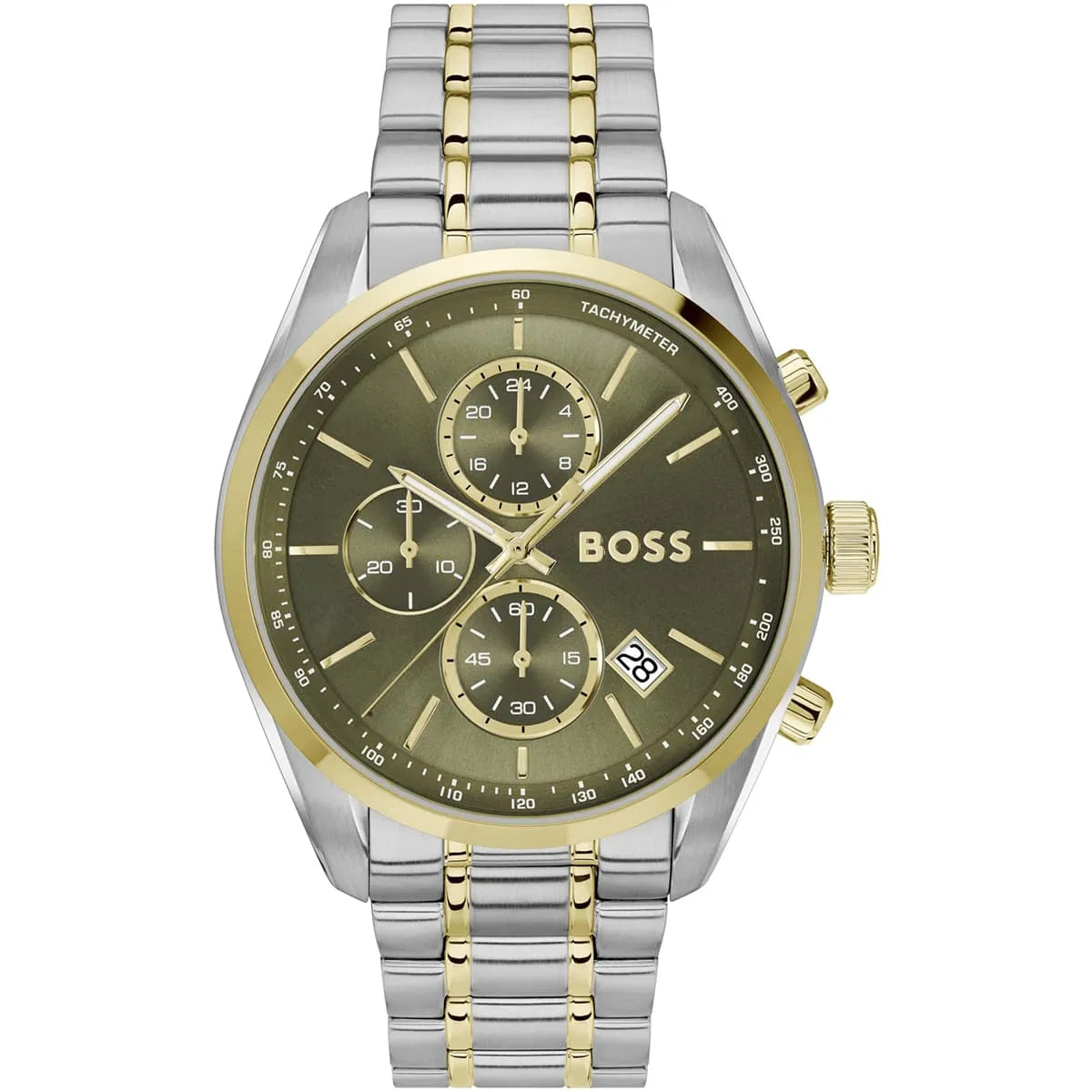 Hugo BOSS Grand Prix chronograph watch with green dial and two-tone stainless steel bracelet