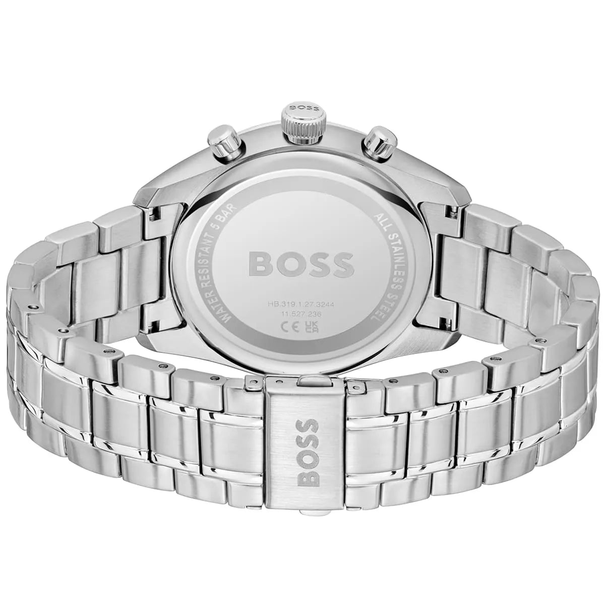 Hugo Boss Grand Prix caseback showing all stainless steel construction and brand engraving