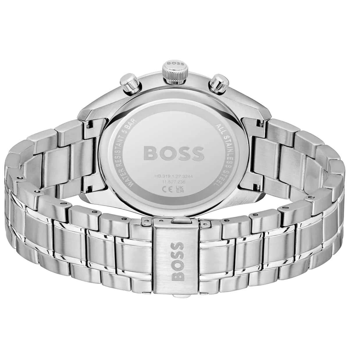 Hugo Boss caseback displaying stainless steel construction and watch model information