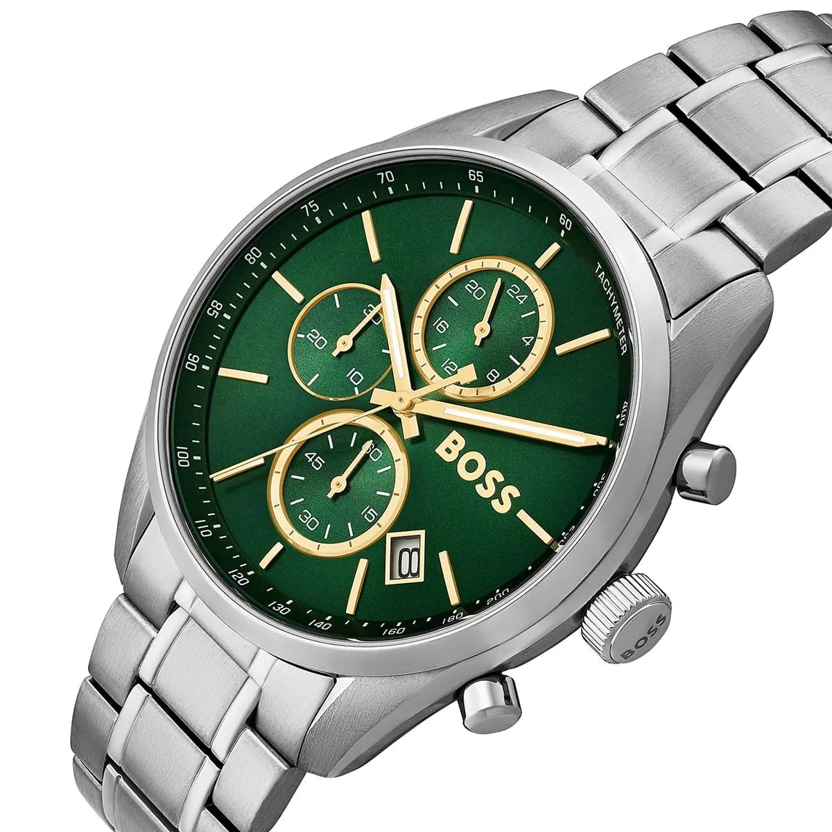 Hugo Boss Grand Prix dial detail showing green face, gold chronograph subdials, and gold index markers