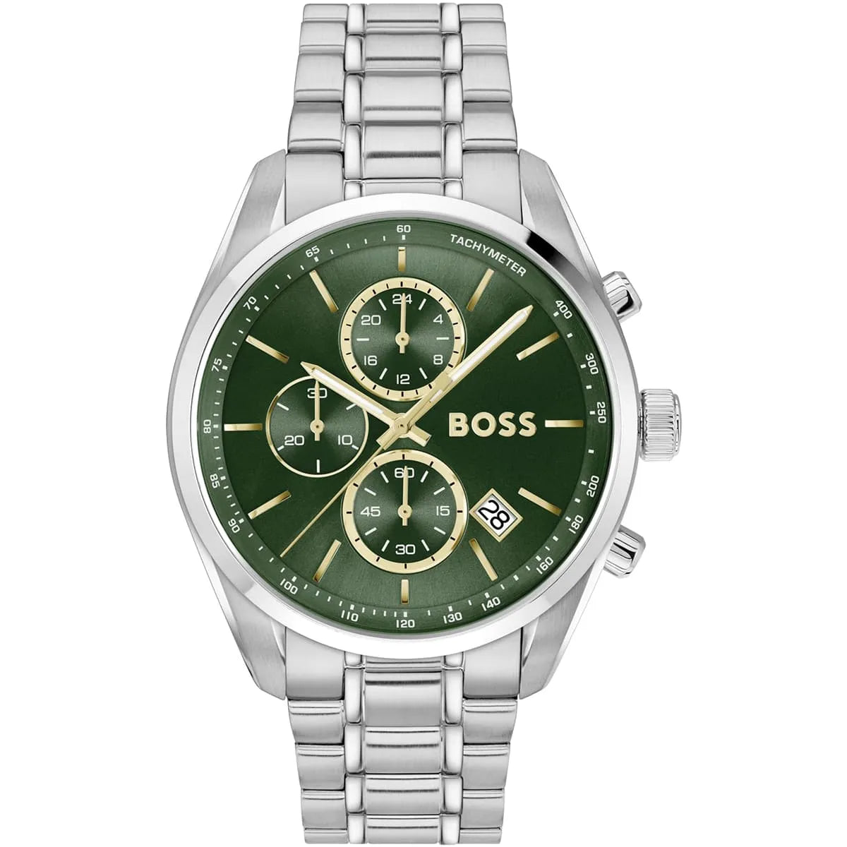 Hugo Boss Grand Prix chronograph men's watch with green dial and gold accents, silver stainless steel bracelet