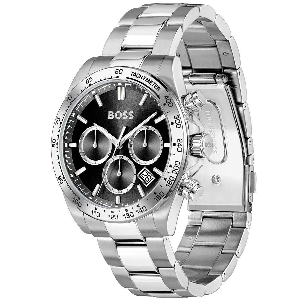 Hugo Boss chronograph watch angled view showing black dial, subdials, and stainless steel metal bracelet