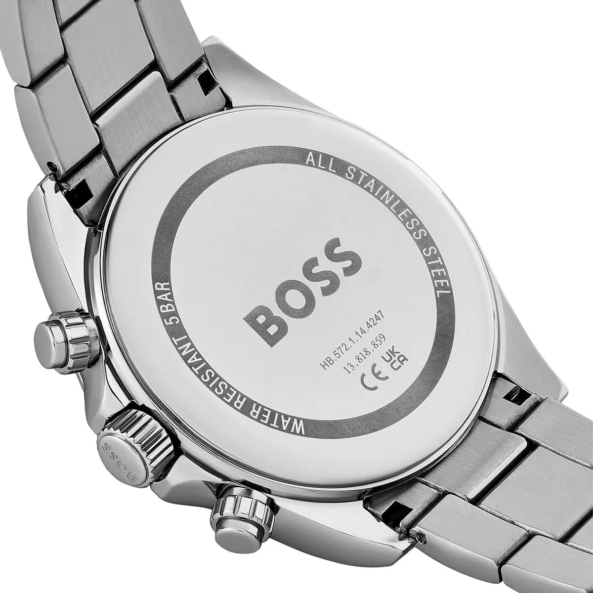 Hugo Boss chronograph caseback detail showing BOSS logo and all stainless steel specifications
