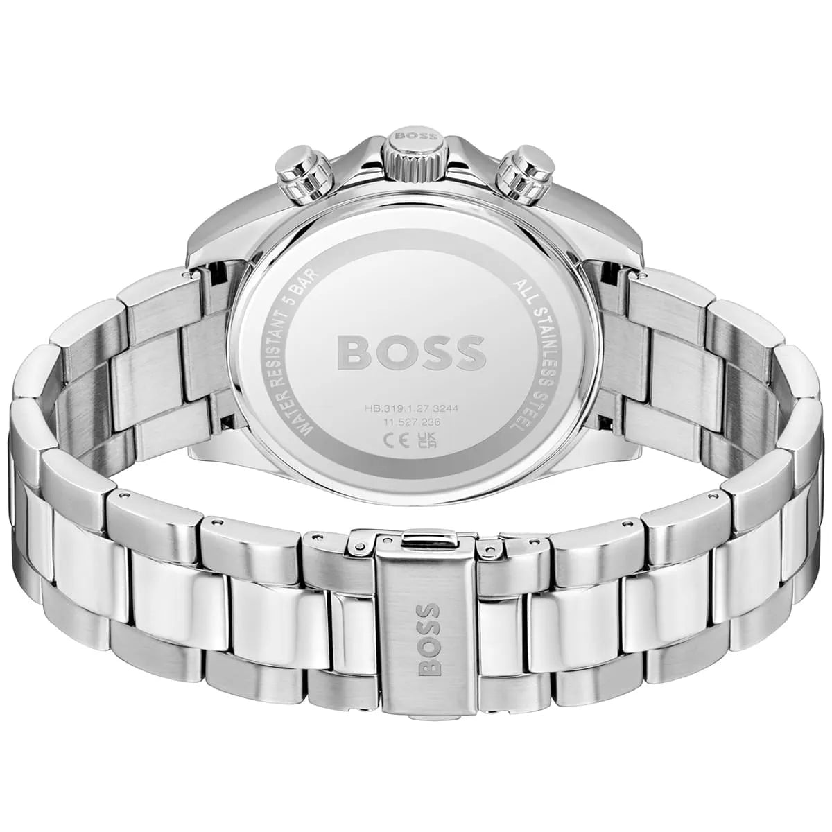 Hugo Boss watch caseback showing stainless steel metal bracelet and BOSS branding