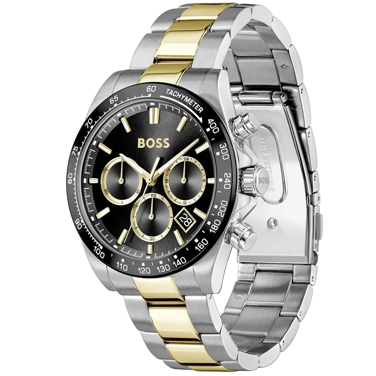 Hugo Boss chronograph watch side and front view showing two-tone metal bracelet and case