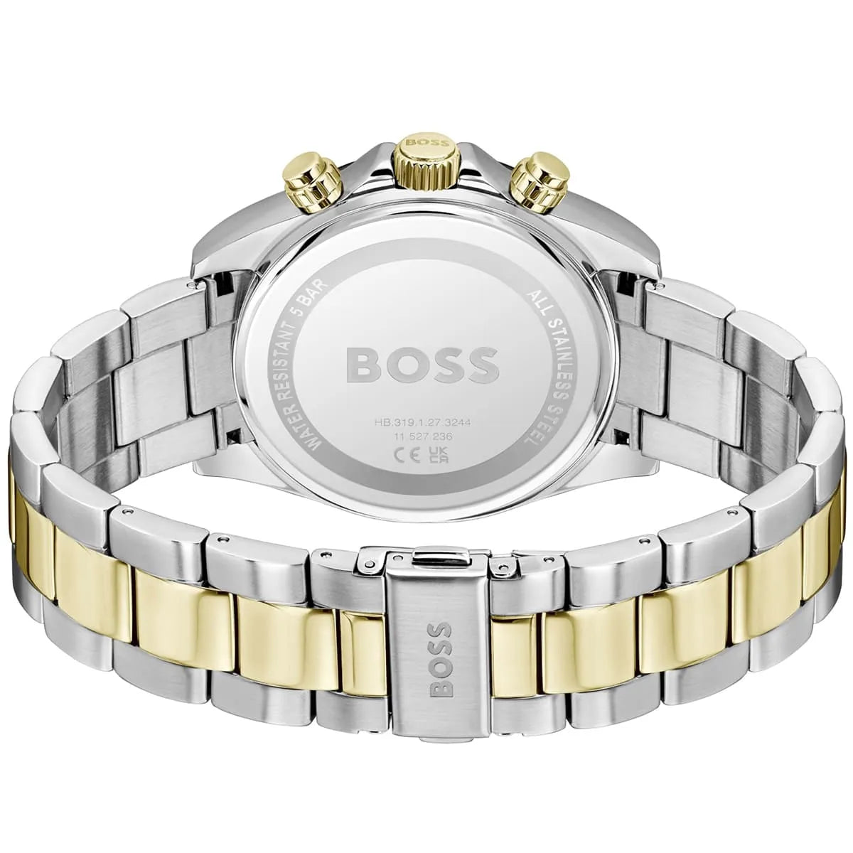 Hugo Boss watch caseback showing two-tone stainless steel bracelet and folding clasp