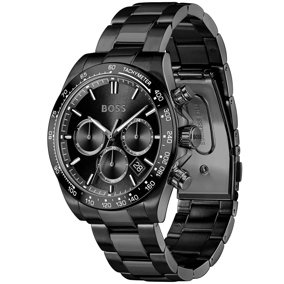 Hugo Boss chronograph watch angled view showing black metal strap and case