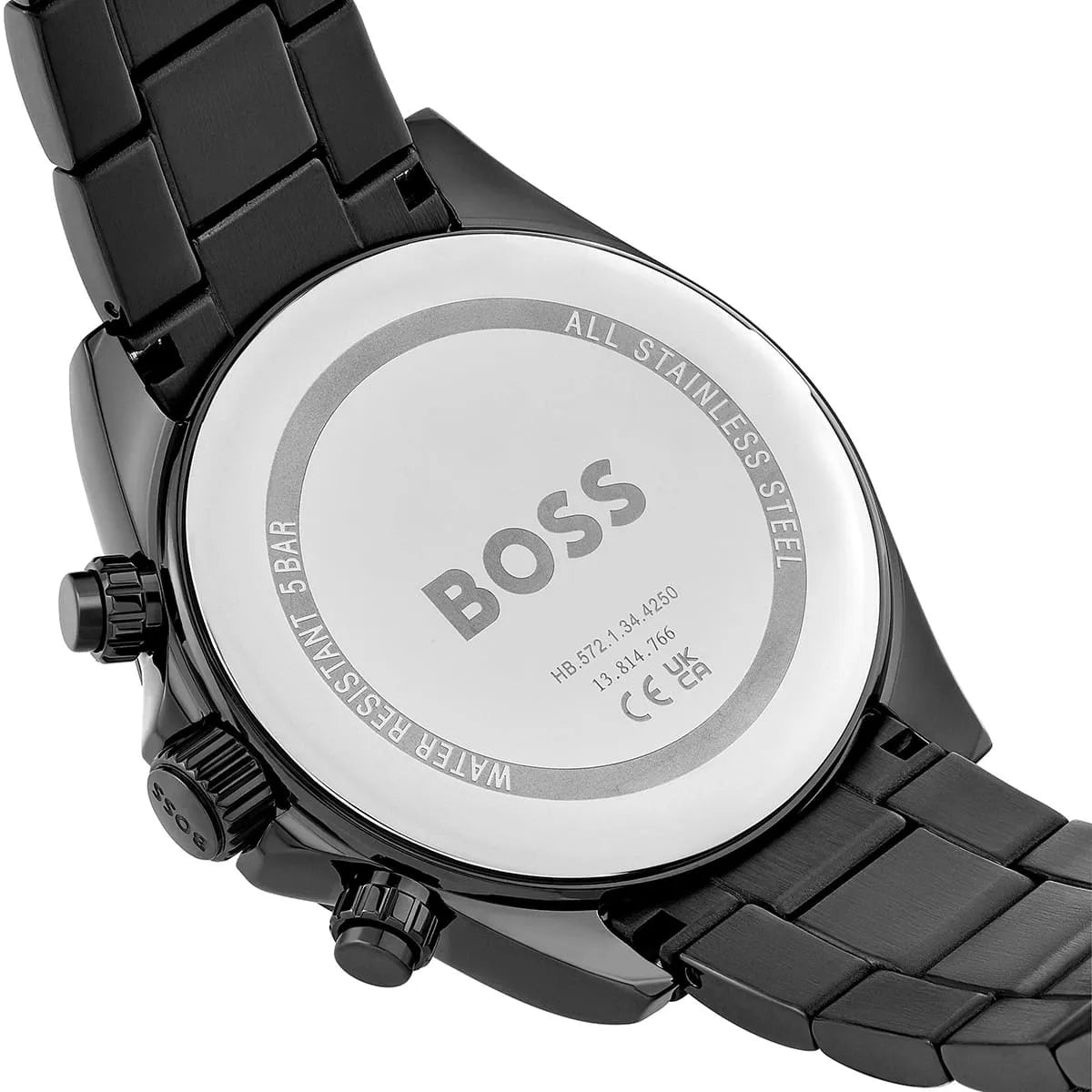 Hugo Boss watch caseback showing stainless steel, logo and specifications