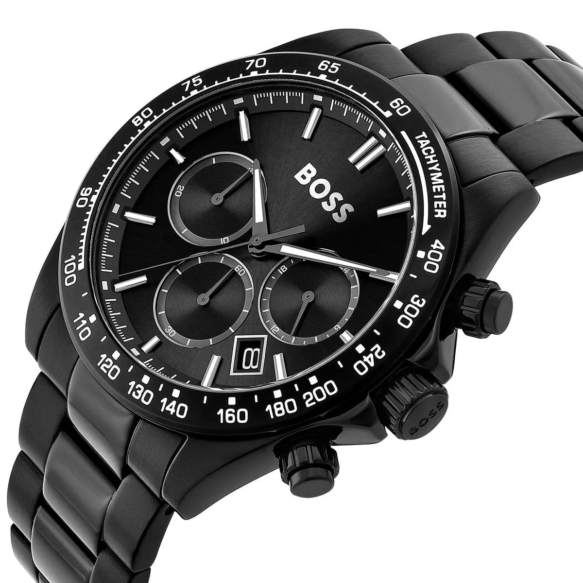 Hugo Boss black chronograph watch with tachymeter bezel side profile