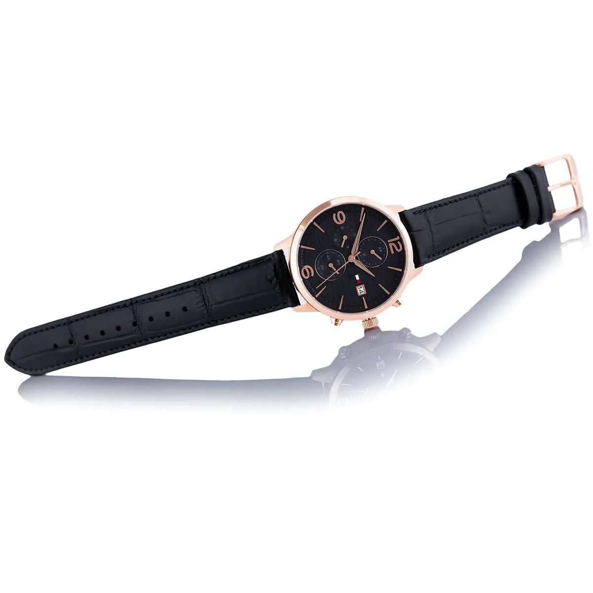 Tommy Hilfiger watch black leather croc-embossed strap with rose gold buckle