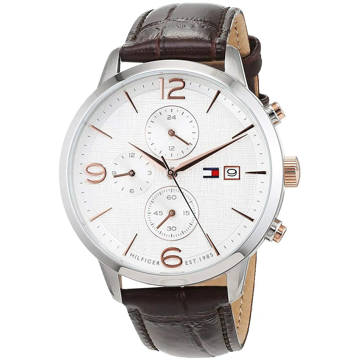 Tommy Hilfiger 1710360 angled view showing white chronograph dial with rose gold details