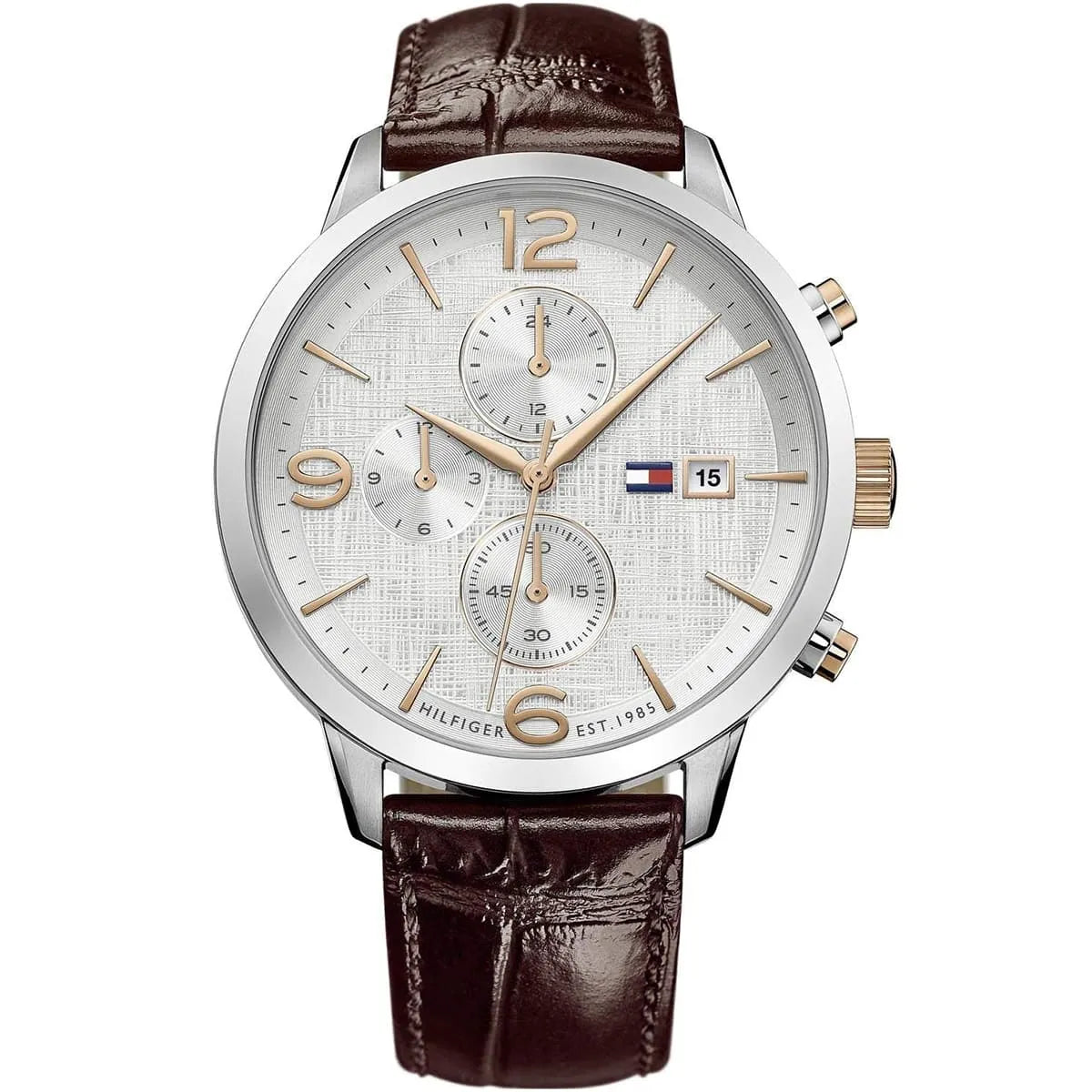 Tommy Hilfiger 1710360 chronograph watch with white dial and brown leather strap