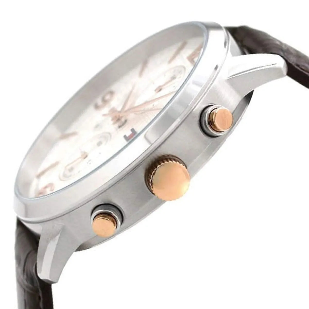 Side view of Tommy Hilfiger 1710360 watch showing rose gold chronograph pushers and case