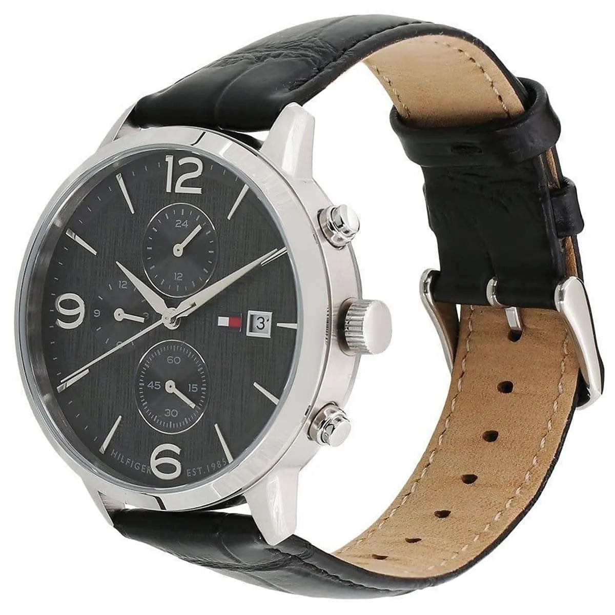 Tommy Hilfiger Liam men's watch worn on wrist, black dial with leather strap