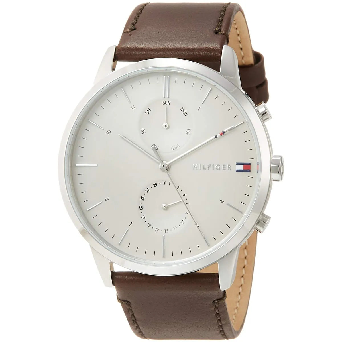 Tommy Hilfiger watch angled view showing cream dial with subdials and brown leather strap