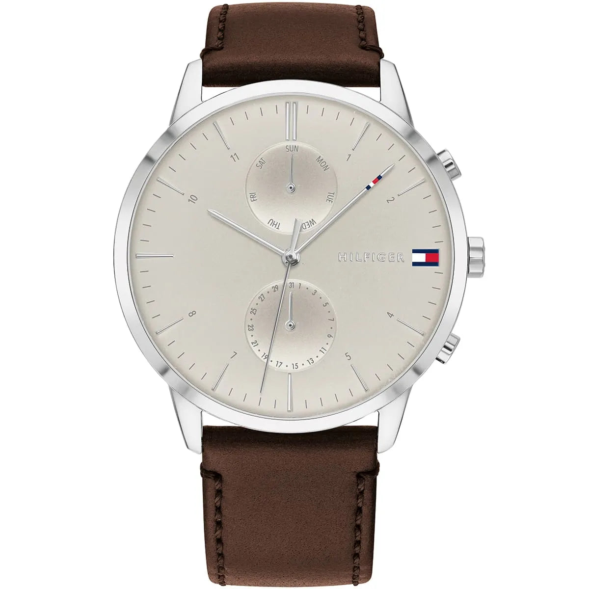 Tommy Hilfiger multi dial quartz watch with cream dial, brown leather strap and silver case